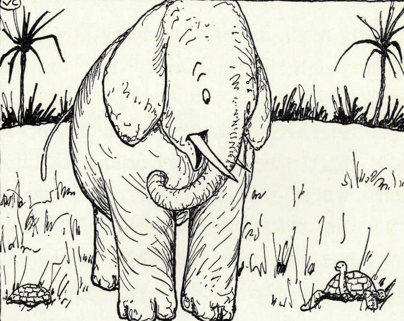 A drawing in simple style of an elephant talking to a turtle.